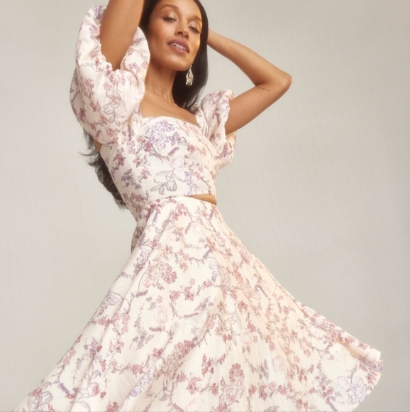 Tencel Voile Puffy Sleeve Fit And Flare Cocktail Dress - Picture 1 of 4